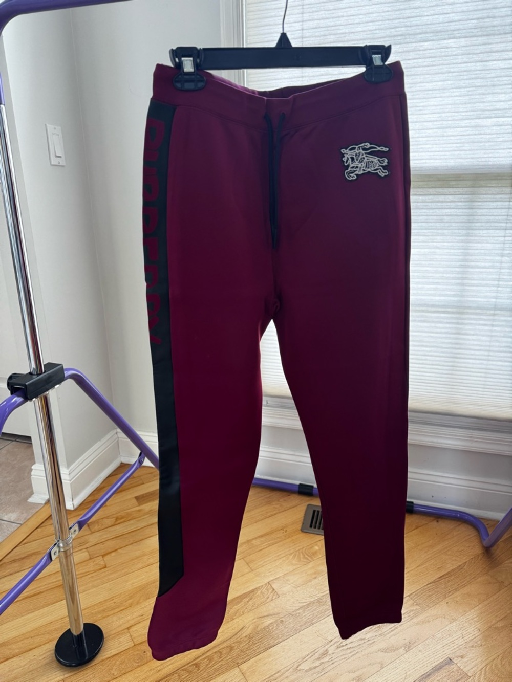 Burberry Maroon and Black Logo Side-Stripe Track Pants